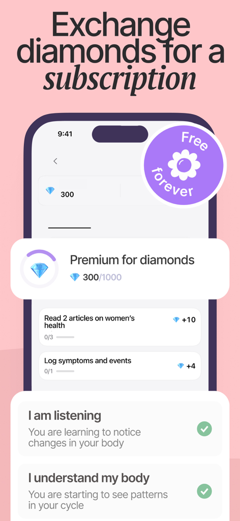 Period: Period Tracker & Cycle - Mobile screen showing a diamond rewards system to earn a free premium subscription by completing health tasks in a period tracker app