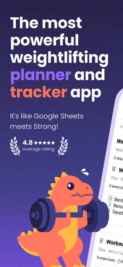 Liftosaur: Scriptable Workouts - Liftosaur weightlifting planner and tracker app with a cartoon dinosaur lifting a barbell