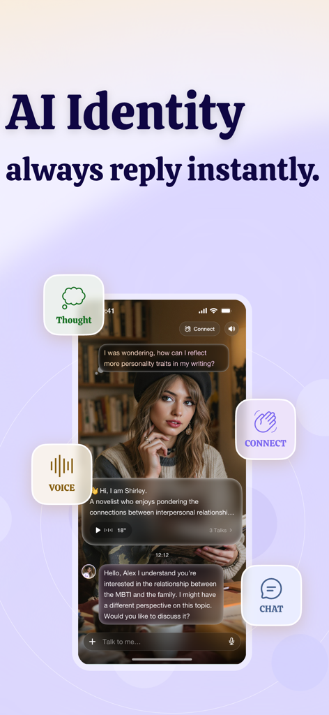 Second Me-Al ldentity Network - Second Me app screen showing an AI identity profile and instant chat interface with interaction icons