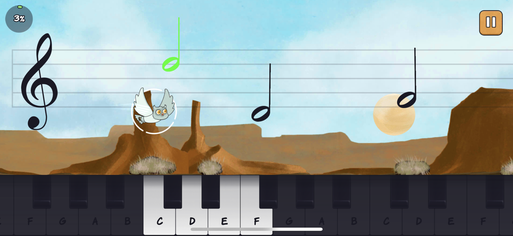 ozzy.games - An educational game screen showing an owl character flying over a piano keyboard and musical notes