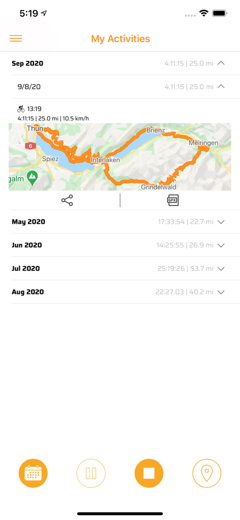 Activity history screen of the Bike Tracker app showing a GPS route map and cycling statistics