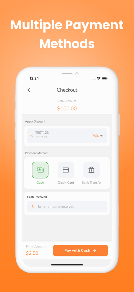 Rolly: Online Store Builder - Rolly app checkout interface showing multiple payment methods including cash, credit card, and bank transfer.