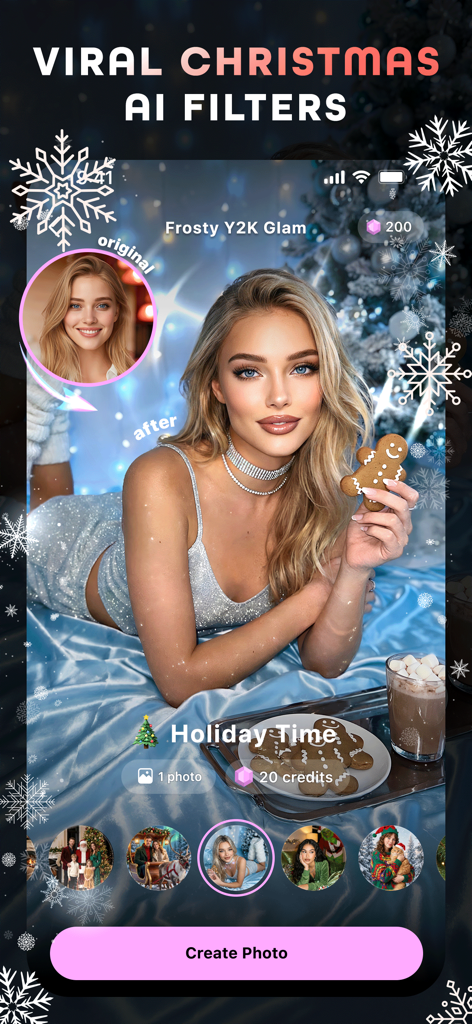 AI Maker: Photo Art Generator - Pantalla de la app AI Maker que presenta filtros virales de IA navideños y una edición de fotos temática festiva