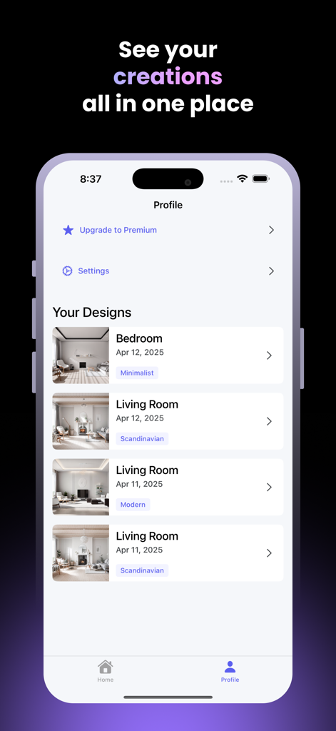 Spaces AI - Interior Design - Schermata del profilo dell'app Spaces AI che visualizza un elenco di design di stanze salvati, inclusi stili minimalisti e scandinavi