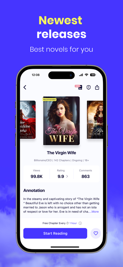 AlphaNovel mobile app interface displaying a billionaire romance novel titled The Virgin Wife with high ratings and views.