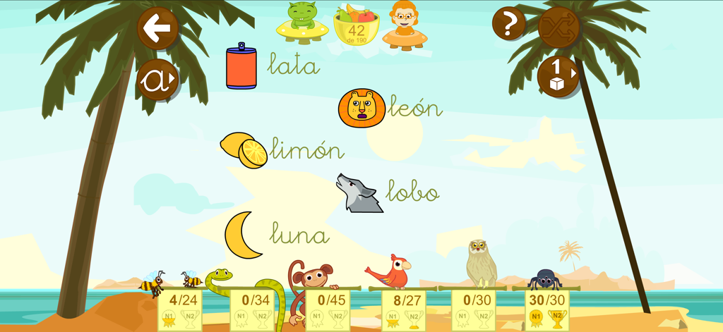 Leo con Grin FULL aprende leer - Interfaz educativa de la aplicación Leo con Grin que muestra palabras en español en letra cursiva con ilustraciones de animales