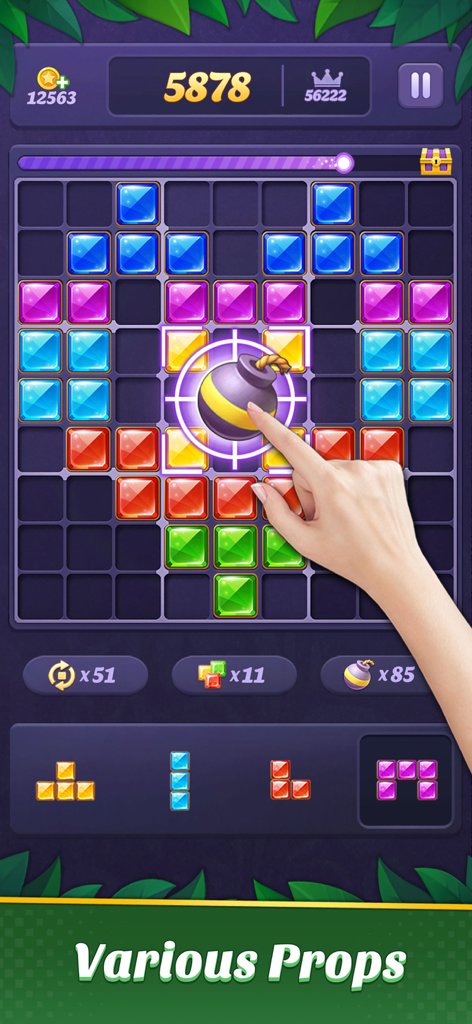Screenshot of Block Puzzle 99 Gem Sudoku Go gameplay showing colorful gem blocks and a bomb prop being used on the grid
