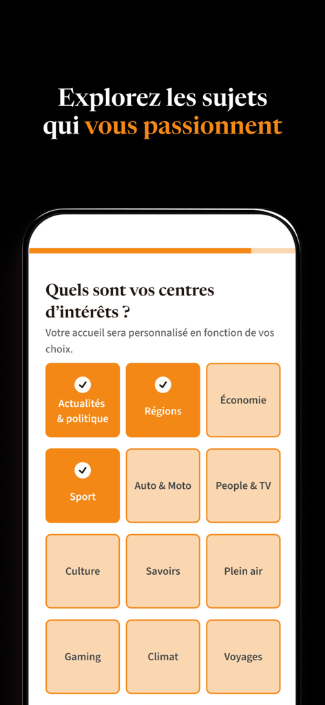 Interfaz de usuario mostrando una cuadrícula de categorías de noticias e intereses de revistas en la aplicación ePresse