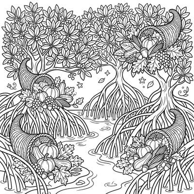 Dive into a one-of-a-kind Thanksgiving celebration with this intricate coloring page featuring majestic mangrove trees intertwined with a bountiful harvest. Explore the beauty of nature and gratitude as you bring this unique scene to life with your favorite colors.