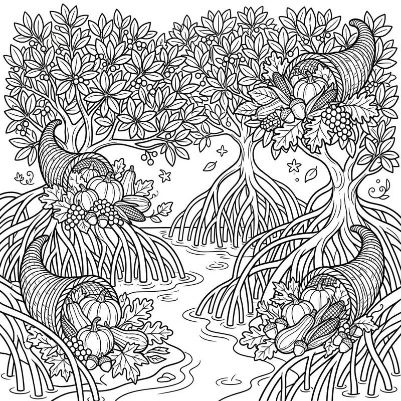 Dive into a one-of-a-kind Thanksgiving celebration with this intricate coloring page featuring majestic mangrove trees intertwined with a bountiful harvest. Explore the beauty of nature and gratitude as you bring this unique scene to life with your favorite colors.