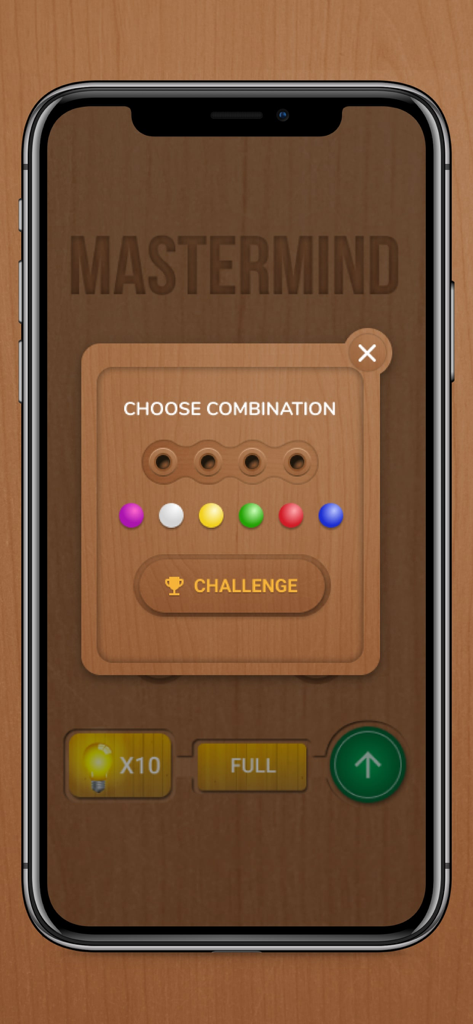 Codebreaker Game - Board Game - Codebreaker mobile game interface showing a pop-up to choose a color combination on a wooden background