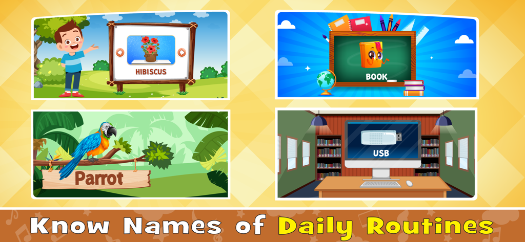 Baby Games: Learning English - Cuatro coloridos paneles educativos que enseñan a los niños palabras en inglés para plantas, material escolar, animales y tecnología.