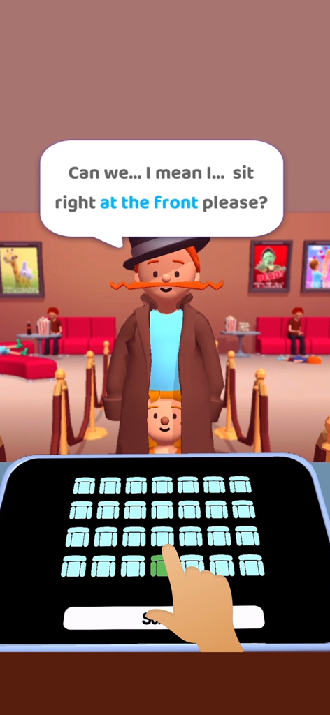 Cinema Tycoon 3D - Selecting front row seats for customers on a seating chart in the Cinema Tycoon 3D mobile game.