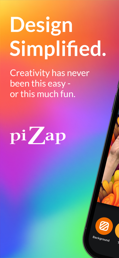 A colorful screenshot of the piZap app featuring the headline Design Simplified.