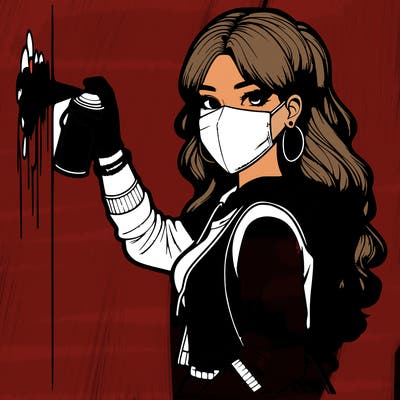 realistic girl with mask spray painting a wall