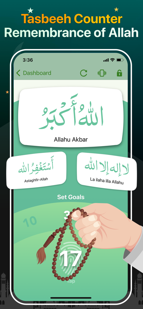 Quran Majeed – القران الكريم - Función de contador de Tasbeeh en la aplicación Quran Majeed que muestra cuentas de oración digitales y frases de dhikr
