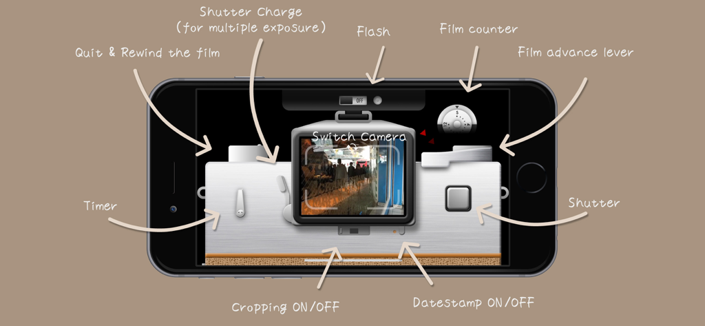 User interface of the EE35 Film Camera app showing labeled retro controls for film advance and shutter.