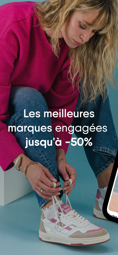 Toasty: shopping responsable - Woman tying her sneakers with text offering up to fifty percent off eco-responsible brands on the Toasty app