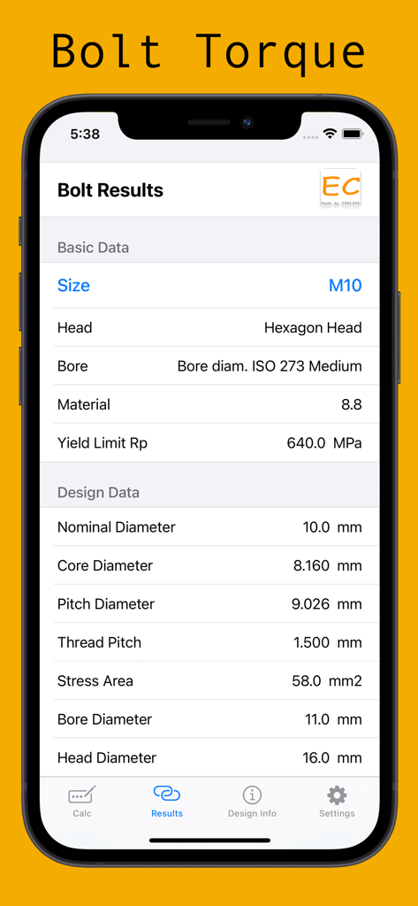 Bolt Torque - Bolt Torque mobile app showing technical specifications and design data for an M10 hexagon head bolt.