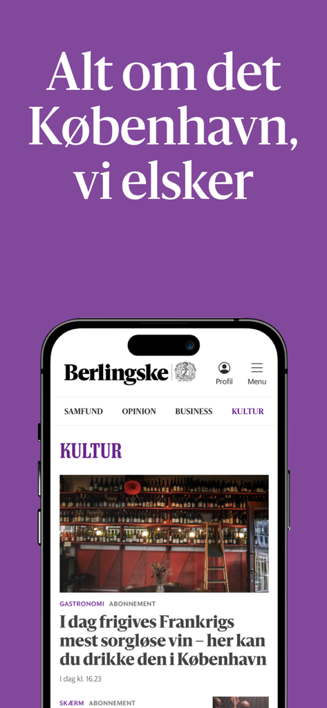 Berlingske - The Berlingske mobile app displaying the culture section with an article about wine in Copenhagen.