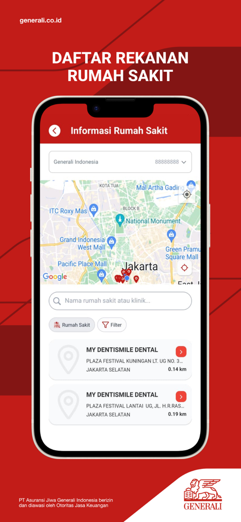 Gen iClick - Asuransi & DPLK - Gen iClick app displaying a map of partner hospitals in Jakarta Indonesia