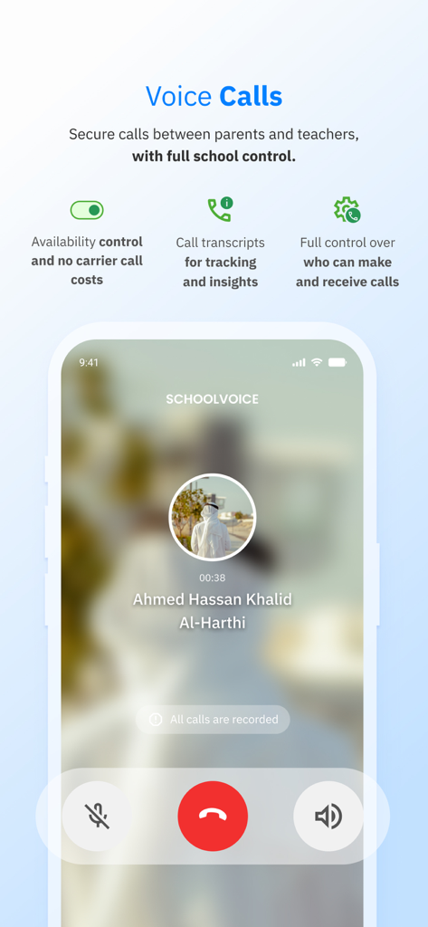 Schoolvoice - Your School App - Interface of the Schoolvoice app showing secure voice call features between parents and teachers with call recording notification