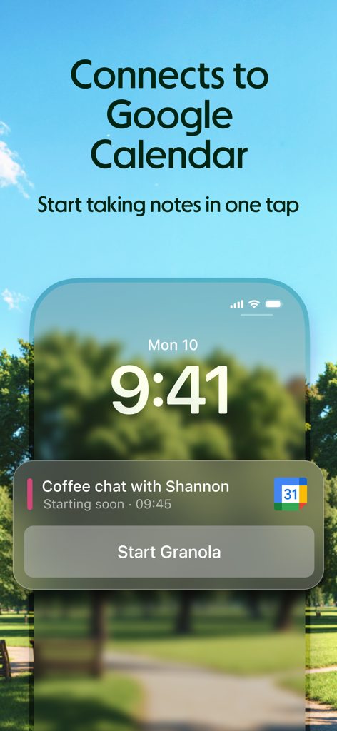 Intégration de l'application de notes de réunion Granola AI avec Google Calendar montrant un bouton de démarrage d'un toucher sur l'écran de verrouillage de l'iPhone pour une réunion informelle programmée.
