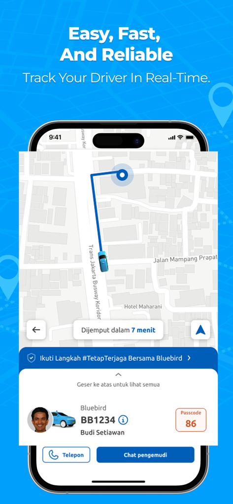 Real-time map tracking of a taxi driver with driver details in the MyBluebird app.