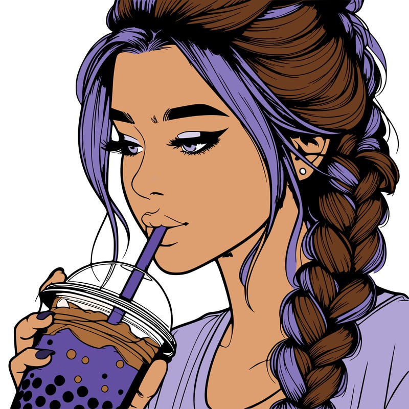 realistic girl drinking boba tea with braided hair