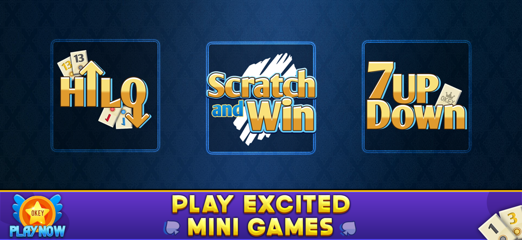 Okey - Offline Board Game - Una captura de pantalla del juego de mesa Okey offline que muestra varios minijuegos como Hi Lo y Rasca y Gana