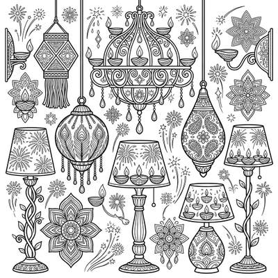 Dive into the festive spirit of Diwali with this beautifully intricate coloring page featuring a variety of traditional lighting fixtures. Adorned with diyas, rangoli patterns, and celebratory fireworks, it offers a delightful creative escape.
