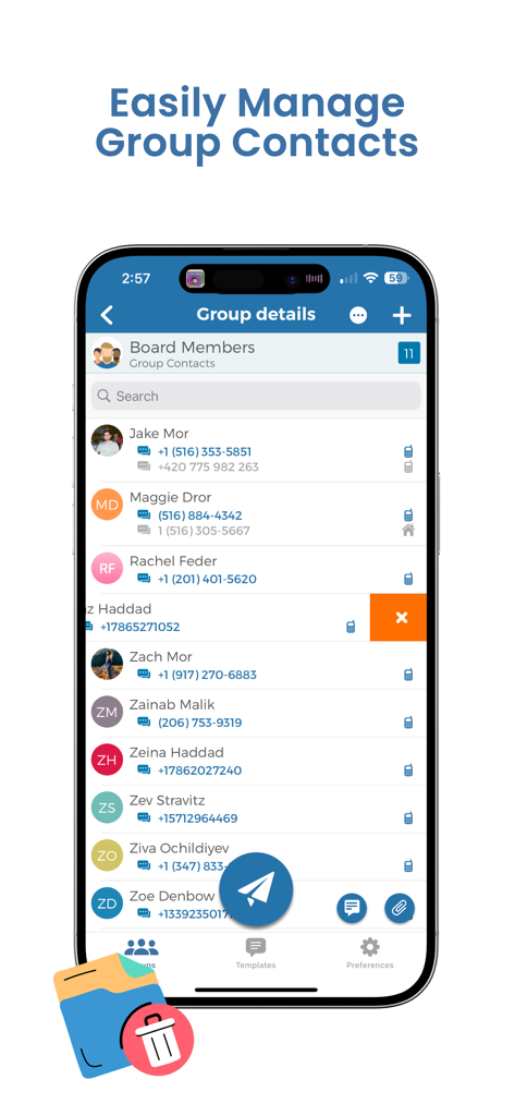 Group Text | Mass Message - Interface of the Group Text app showing a list of contacts within the Board Members group for easy management.