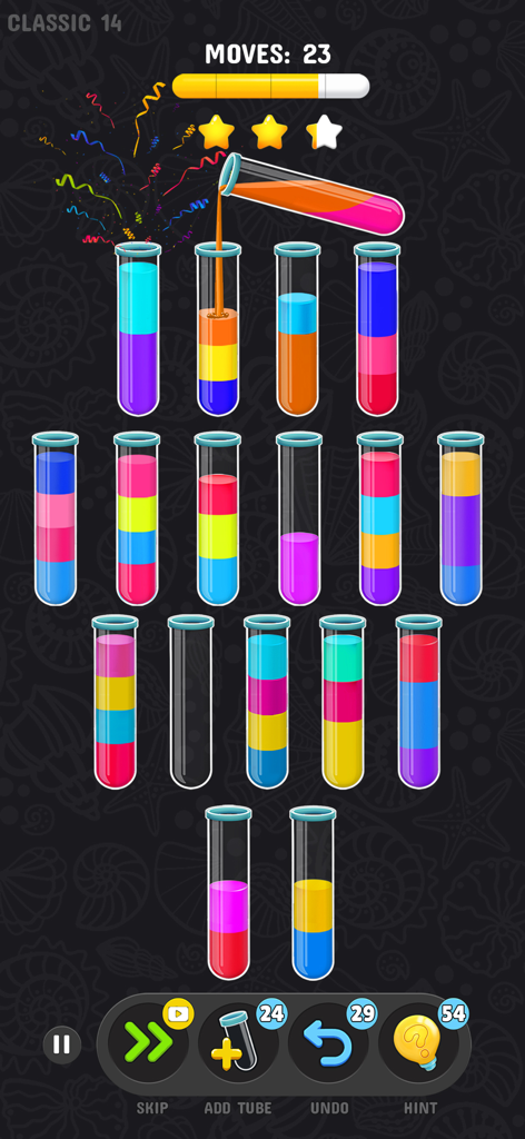 Sorting colorful liquids into glass tubes in a 3D puzzle game