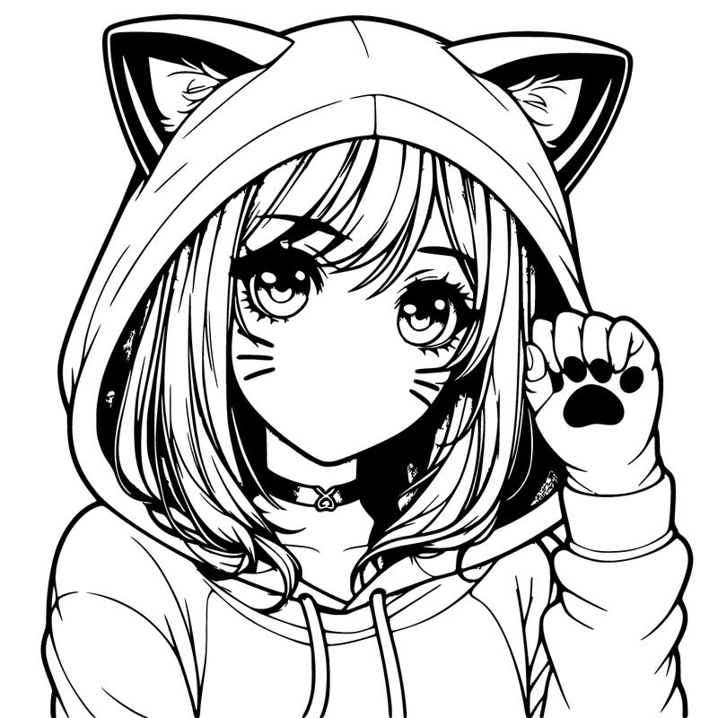 realistic girl in hoodie with cat ears and cat paw gloves