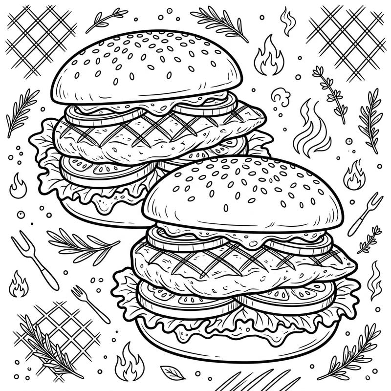 Get ready to color these mouth-watering grilled chicken burgers, complete with all the delicious fixings! This detailed coloring page is perfect for food lovers and anyone who enjoys bringing vibrant meals to life with their creativity.