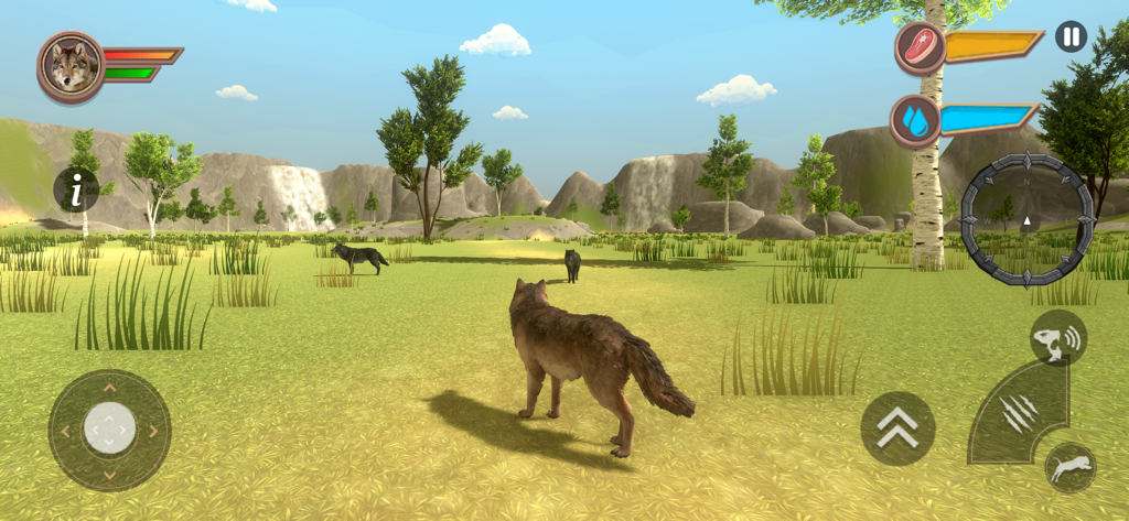 Wild Wolf Family Simultator - Gameplay du simulateur de famille de loups sauvages montrant un loup dans un paysage de monde ouvert avec des montagnes et des arbres