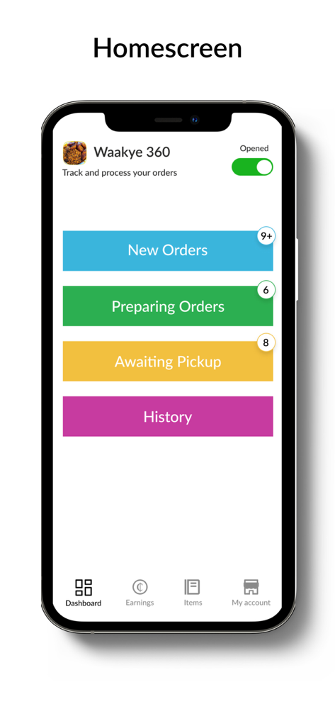 Night Market Vendor - Interfaz del panel de control de la aplicación Night Market Vendor que muestra categorías de gestión de pedidos, incluidos nuevos pedidos e historial.