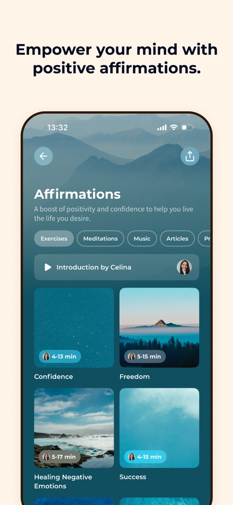 Meditation Moments - Guided - 瞑想の時間アプリの画面。自信、成功、癒しのためのポジティブアファメーションを表示