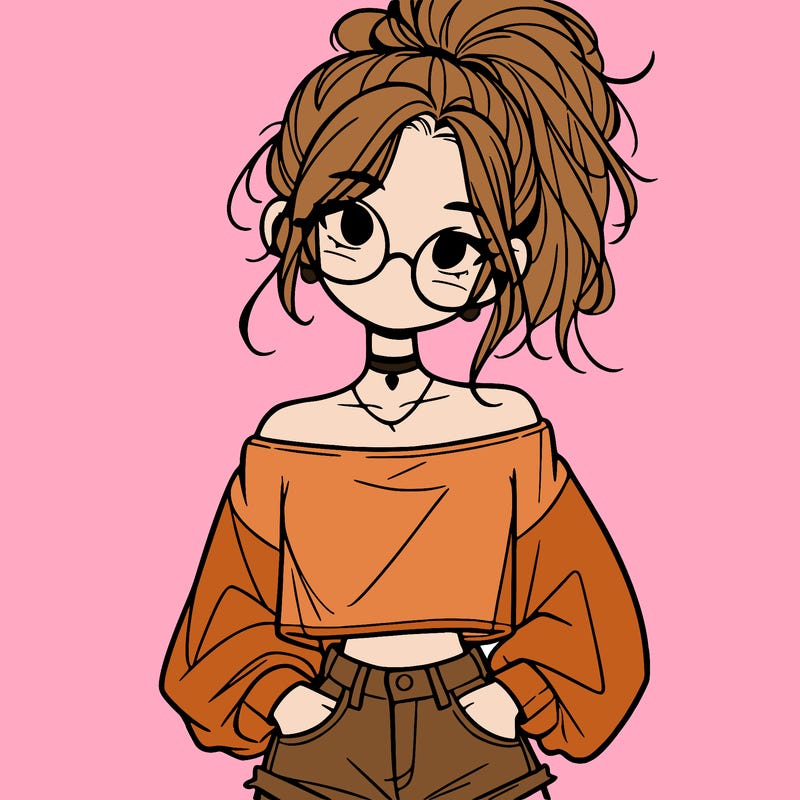 girl with a messy ponytail glasses a baggy crop top and jean shorts