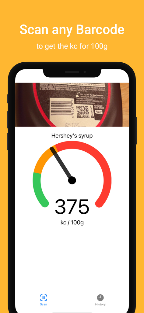 Calories Scanner - Calories Scanner app interface showing a barcode scan and a visual calorie density gauge for a food product
