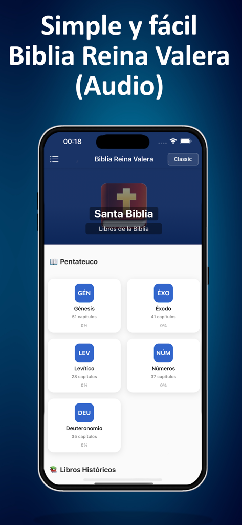 Biblia Reina Valera (Audio) - Interface de l'application Bible Reina Valera montrant une liste de livres bibliques, incluant la Genèse et l'Exode sous la catégorie Pentateuque.