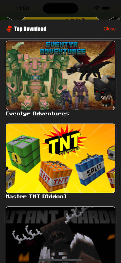 MCPE ADDONS - For MINECRAFT PE - Top downloaded Minecraft PE addons list showing adventure and TNT mods