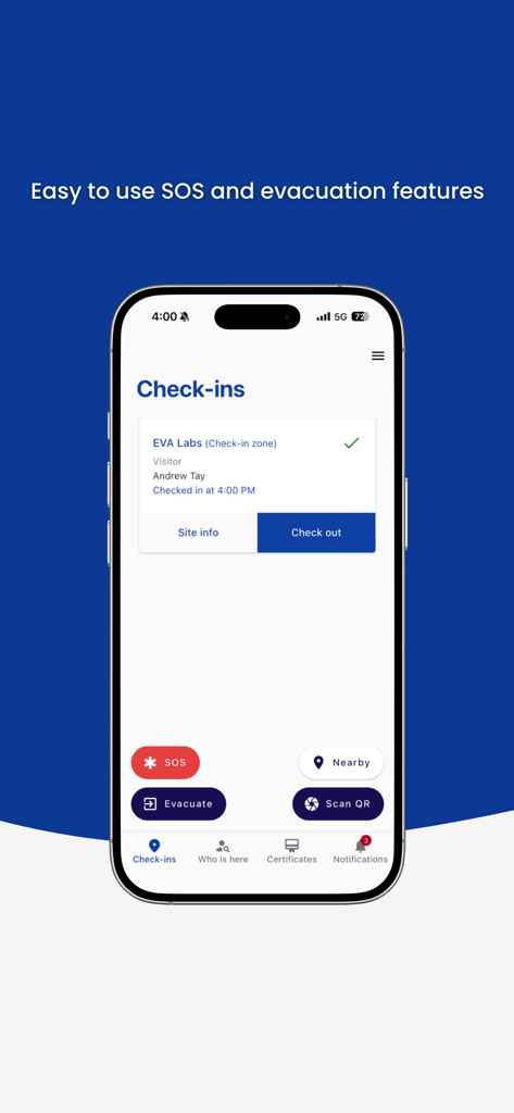 EVA Check-in | Visitor sign-in - EVA Check-in app interface highlighting SOS and evacuation safety features