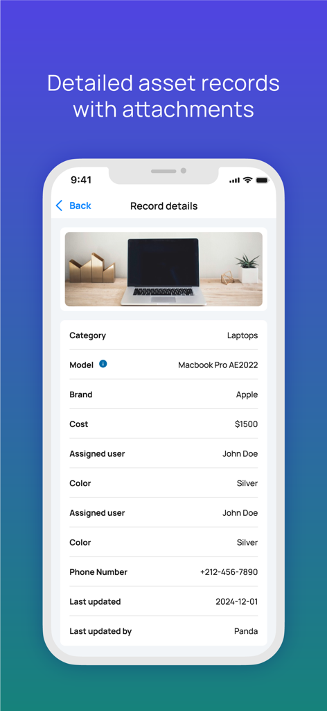 A mobile screen from Asset Panda Pro showing a detailed asset record for a Macbook Pro with its category, brand, cost, and assigned user