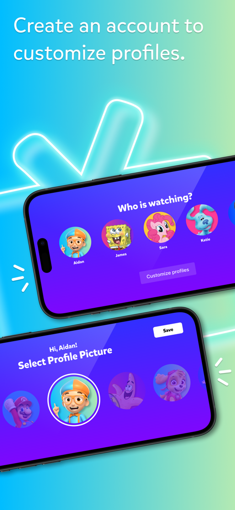 Kidoodle.TV - Safe Streaming™ - Kidoodle TV app screen showing how to create and customize child profiles with character avatars