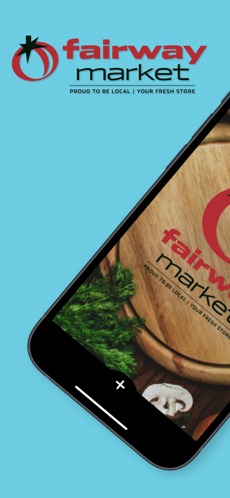 Logotipo do aplicativo de supermercado Fairway Market e tela inicial com ingredientes frescos