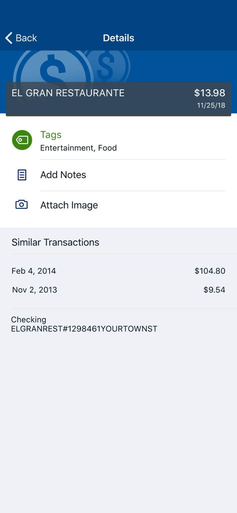 IFB Business Mobile Banking - Interfaccia dettagli transazione nell'app IFB Business Mobile Banking con opzioni per aggiungere tag e allegare immagini di ricevute.