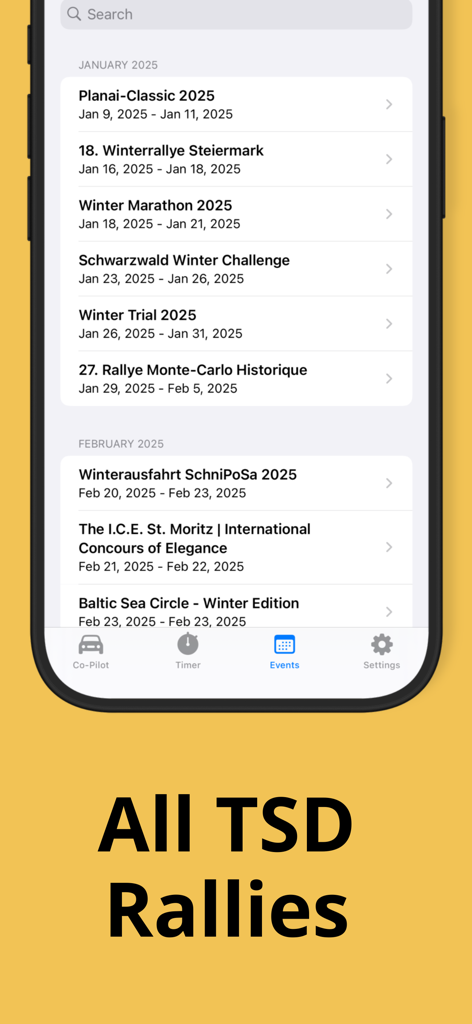 Rally Co-Pilot: Classic TSD - A list of upcoming classic TSD rally events and dates within the app