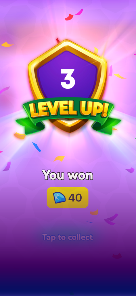 Pool - Win Cash - Level up screen in Pool Win Cash showing level 3 achievement and a reward of 40 blue gems
