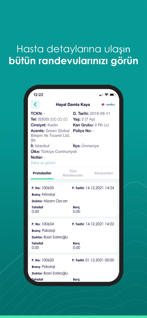 BK Doktor - Una pantalla de aplicación móvil que muestra detalles personales del paciente y su historial de protocolo médico.